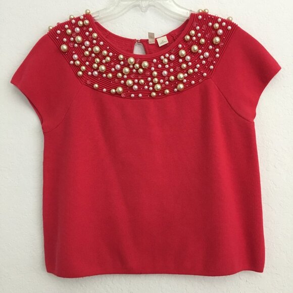 Anthropologie Moth Brienne Pearl Sweater Cap Sleeves Size XS-M Pink/Red - Picture 1 of 15